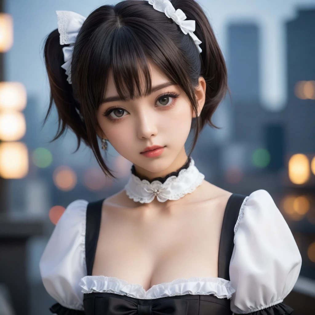8k, Ultra-high resolution, Highest quality, masterpiece, 三分割法によるphotograph,Surreal, photograph, 1 Girl, (:1.3), pretty girl, Cute Face, Beautiful eyes in every detail, 細かくdetailedに,masterpiece,One Girl:1.2,Japanese female announcer,extream close up,Serious expression,Black short hair,Short ponytail,Maid Android,((Fusion of Gothic Lolita and La fashion:1,bracelet, chest, choker, clavicle, Earrings,Futuristic cityscape ,Perfect and beautiful face ,完璧でCute Face, Skin with attention to detail, Perfect limbs、Narrow waist,Looking at the audience,(((Ideal body type))),Aカップの小さなchest :2,Portraiture:2,Perfect Anatomy,鮮明なdetailed,detailed,Surreal,Light and shadow,spotlight