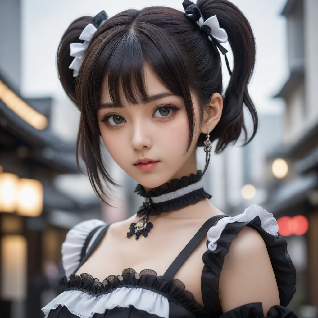 8k, Ultra-high resolution, Highest quality, masterpiece, 三分割法によるphotograph,Surreal, photograph, 1 Girl, (16 years old:1.3), pretty girl, Cute Face, Beautiful eyes in every detail, 細かくdetailedに,masterpiece,One Girl:1.2,Japanese female announcer,extream close up,Serious expression,Black short hair,Short ponytail,Maid Android,((Fusion of Gothic Lolita and Lolita fashion:1.3)),bracelet, chest, choker, clavicle, Earrings,Futuristic cityscape ,Perfect and beautiful face ,完璧でCute Face, Skin with attention to detail, Perfect limbs、Narrow waist,Looking at the audience,(((Ideal body type))),Aカップの小さなchest :2,Portraiture:2,Perfect ???????,鮮明なdetailed,detailed,Surreal,Light and shadow,spotlight