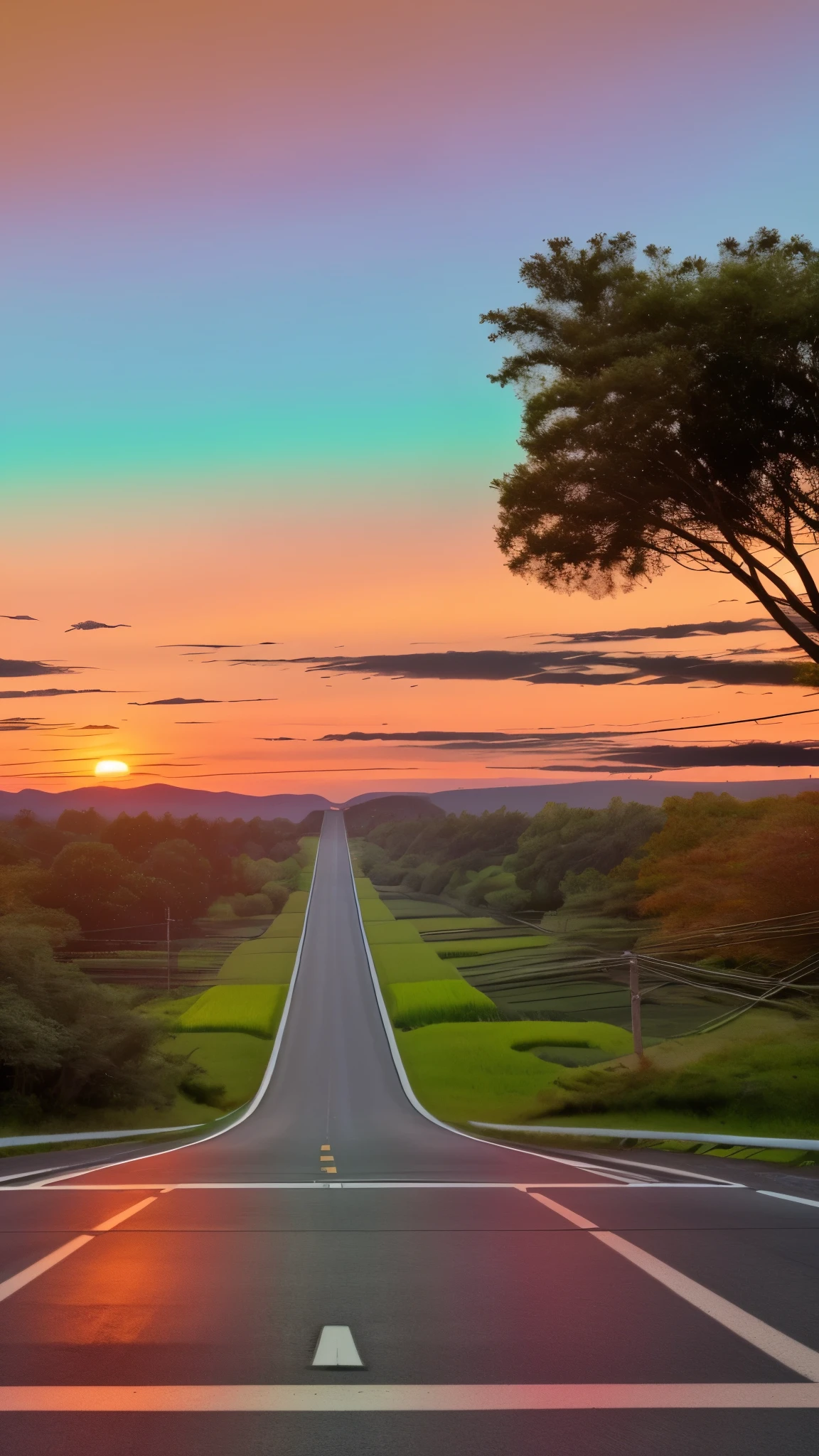 A long, straight road stretching into the distance at sunset。There are rice fields on both sides of the road.、Electric poles stand parallel to the road。The silhouette of an electric wire、orange、pink、The yellow-green hues stand out against the vibrant sky, like the aurora.。Dark trees on the horizon々I can see the line、It gives a sense of depth and tranquility。The surface of the road reflects the warm colors of the setting sun.、The calm and spaciousness of this rural landscape々It enhances the atmosphere.
