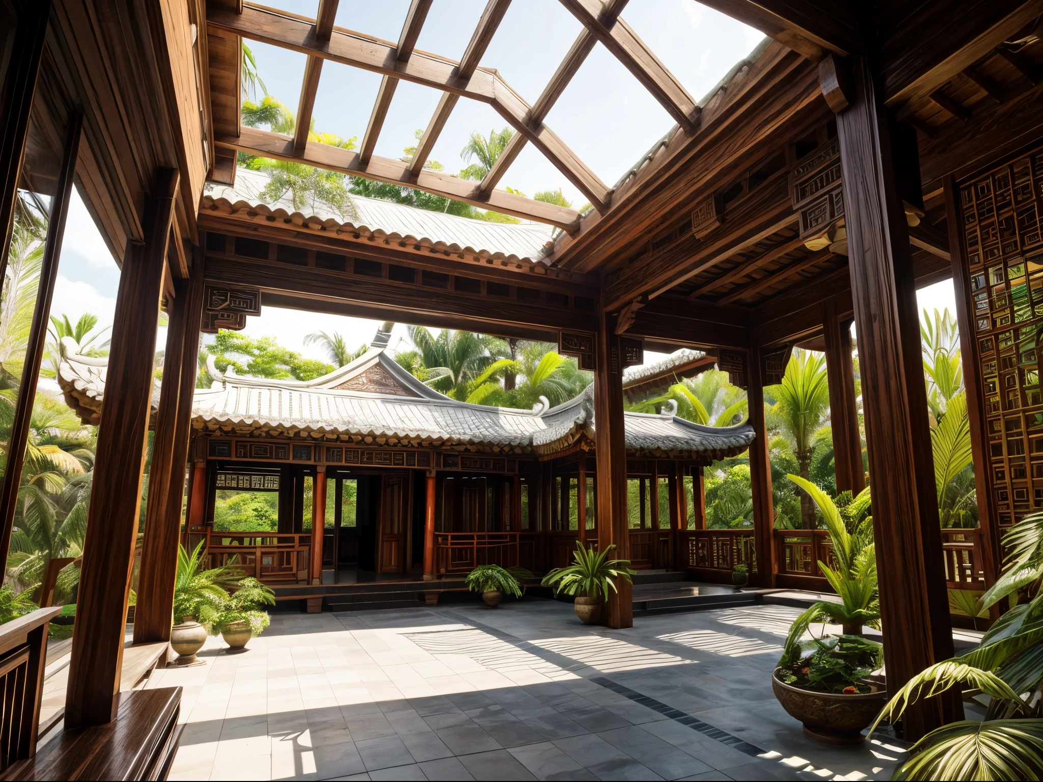 traditional Indo-China style house, intricate architecture, wooden structure, sloping roof, ornate carvings, large windows, open veranda, lush tropical plantation, vibrant greenery, palm trees, tropical flowers, serene garden, detailed textures, harmonious design, tranquil atmosphere, cultural heritage, natural beauty, high-quality rendering,