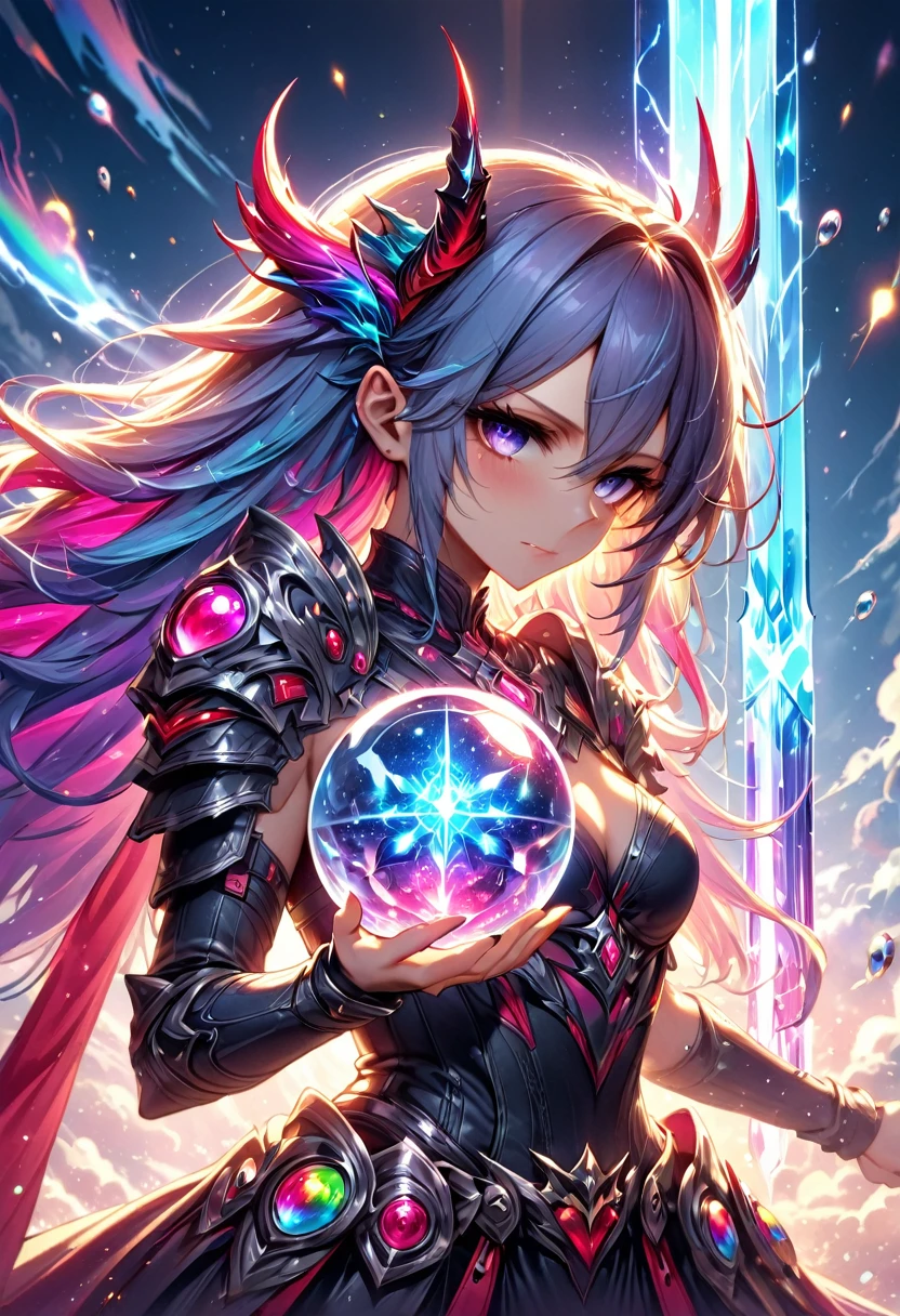 the holy sword Durandal, shatters the transparent crystal ball, erupting rainbow cosmic rays and sending the galaxy hurtling towards destruction, beautiful demon queen, cool and sadistic, amorous and lewd face, looking down with a cold gaze, background galaxy, (ultra detailed, absolutely resolution, best quality:1.3), 2.5D, delicate and dynamic, artistic photography, hyper realistic, graphic CG digital art