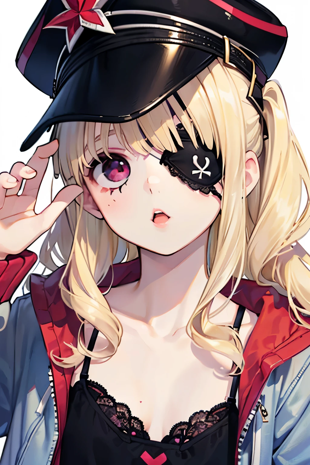 beautiful cute girl,((blonde hair:1.2)),(Medium wave hair:1.1),(purplered eyes:1.25),(black-lace eyepatch:1.3),(hand to own mouth:1.2),(camisole:1.25),(blouson jacket:1.25),((cap:1.25)),(lace:1.2),close-up Face,(ニヒルな顔:1.25).