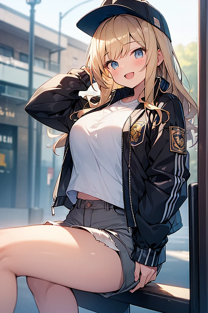 (Masterpiece, Top quality:1.5), 1 beautiful girl, sitting down, from side, Blonde, medium Hair, wavy Hair, asymmetry bangs, swept bangs, airy hair, large breasts:1.2, 16 year old, standard weight, (cool jacket, Shorts :1.3), baseball cap, smile:1.3, blush, beautiful scene of street, blurry background, magnificent panorama view, open mouth