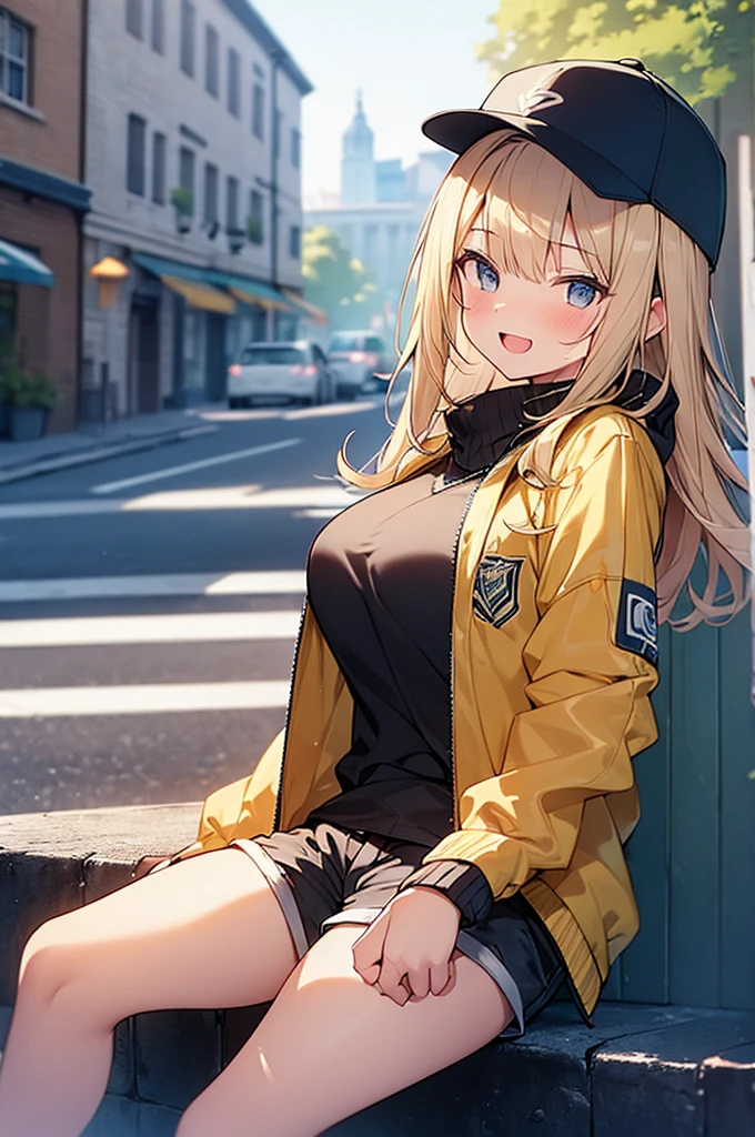 (Masterpiece, Top quality:1.5), 1 beautiful girl, sitting down, from side, Blonde, medium Hair, wavy Hair, asymmetry bangs, swept bangs, airy hair, large breasts:1.2, 16 year old, standard weight, (cool jacket, Shorts :1.3), baseball cap, smile:1.3, blush, beautiful scene of street, blurry background, magnificent panorama view, open mouth