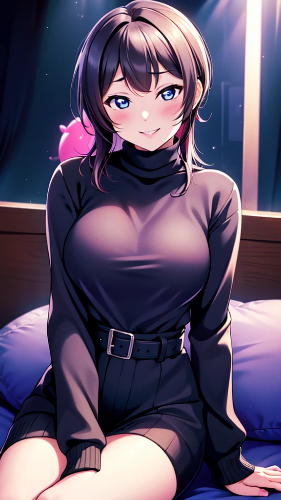 night、lovelive　Asaka fruit forest、Black Background、Evil background、Hotel Bedroom、Sensual pink light、A black turtleneck sweater that wraps around your body、Tight waist、Upper Body、tall、Upper Body、Evil female warrior、Fantasy、Condescending smile、Fallen into evil、Fall into Darkness