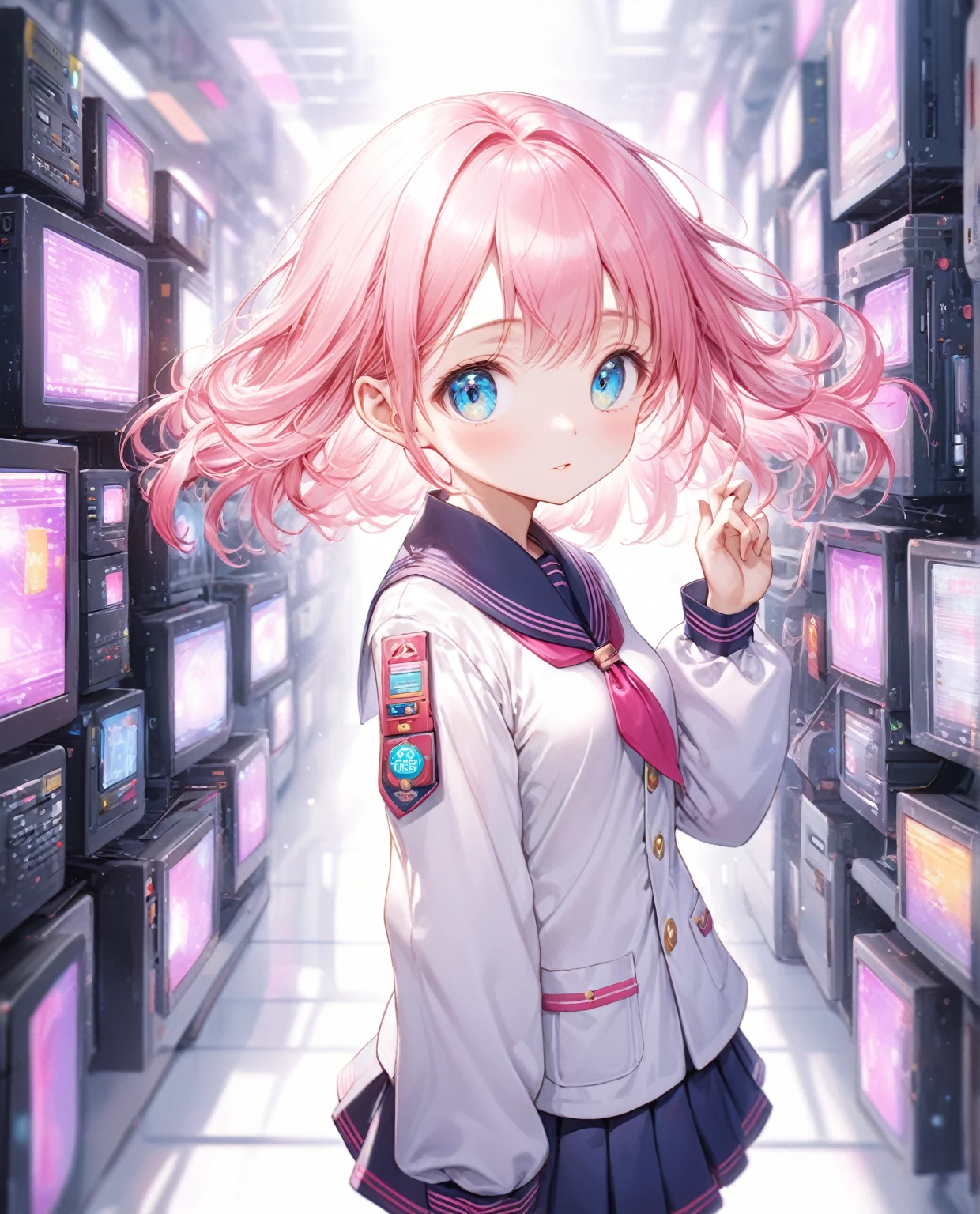 (Highest quality,8k,32K,masterpiece,Ultra-high resolution :1.2 ),born,One girl,Super cute,Natural light,Clear, shining eyes,20-year-old,Fair skin,Electronic world fantasy background,Pink Hair,In uniform, 学born服