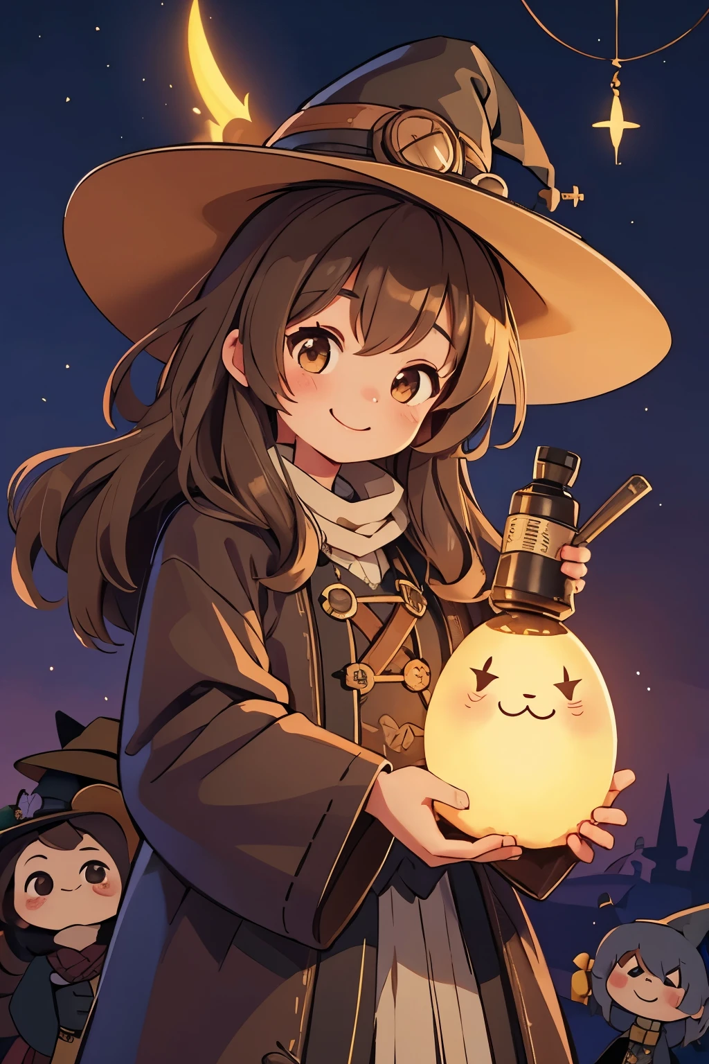 (Highest quality:1.2)。steampunkai。One Girl。little cute witch。long light brown fluffy hair。Smiling smile。Witch Hat。Witch&#39;s Clothes。(Have one lantern)。(Walking at night)。(The moon is watching over the girl)。(The background is a bright night road)。