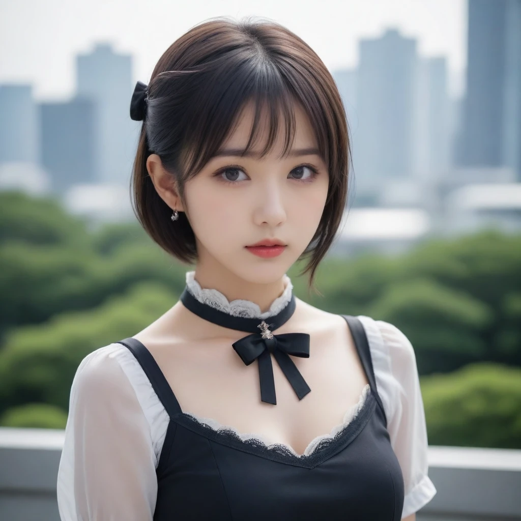 8k, Ultra-high resolution, Highest quality, masterpiece, 三分割法によるphotograph,Surreal, photograph, 1 Girl, (:1.3), pretty girl, Cute Face, Beautiful eyes in every detail, 細かくdetailedに,masterpiece,One Girl:1.2,Japanese female announcer,extream close up,Serious expression,Black short hair,Short ponytail,Maid Android,((Fusion of Gothic Lolita and La fashion:1,bracelet, chest, choker, clavicle, Earrings,Futuristic cityscape ,Perfect and beautiful face ,完璧でCute Face, Skin with attention to detail, Perfect limbs、Narrow waist,Looking at the audience,(((Ideal body type))),Aカップの小さなchest :2,Portraiture:2,Perfect Anatomy,鮮明なdetailed,detailed,Surreal,Light and shadow,spotlight