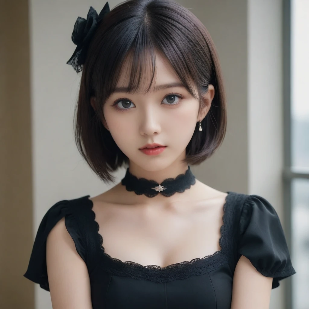 8k, Ultra-high resolution, Highest quality, masterpiece, 三分割法によるphotograph,Surreal, photograph, 1 Girl, (16 years old:1.3), pretty girl, Cute Face, Beautiful eyes in every detail, 細かくdetailedに,masterpiece,One Girl:1.2,Japanese female announcer,extream close up,Serious expression,Black short hair,Short ponytail,Maid Android,((Fusion of Gothic Lolita and Lolita fashion:1.3)),bracelet, chest, choker, clavicle, Earrings,Futuristic cityscape ,Perfect and beautiful face ,完璧でCute Face, Skin with attention to detail, Perfect limbs、Narrow waist,Looking at the audience,(((Ideal body type))),Aカップの小さなchest :2,Portraiture:2,Perfect Anatomy,鮮明なdetailed,detailed,Surreal,Light and shadow,spotlight
