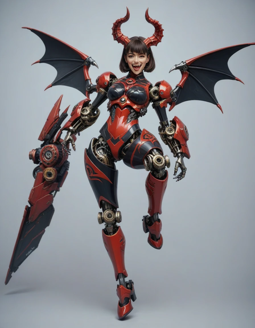 score_9, score_8_superior, score_7_superior,Mechanical demon woman、Detailed robot arm、Detailed robot leg、Detailed mechanical body、Detailed gears、Wolf-like Fangs、Bull-like horns、Large bat-like wings、Devil's Tail、Red glowing eyes、Black thin dress、Elaborate and detailed faces、Ideal body type、Big Breasts、Tiny and detailed waist、On a moonlit night、Castles with Gothic architecture、mecha、DonMSt34mPXL、Cowboy Shot、