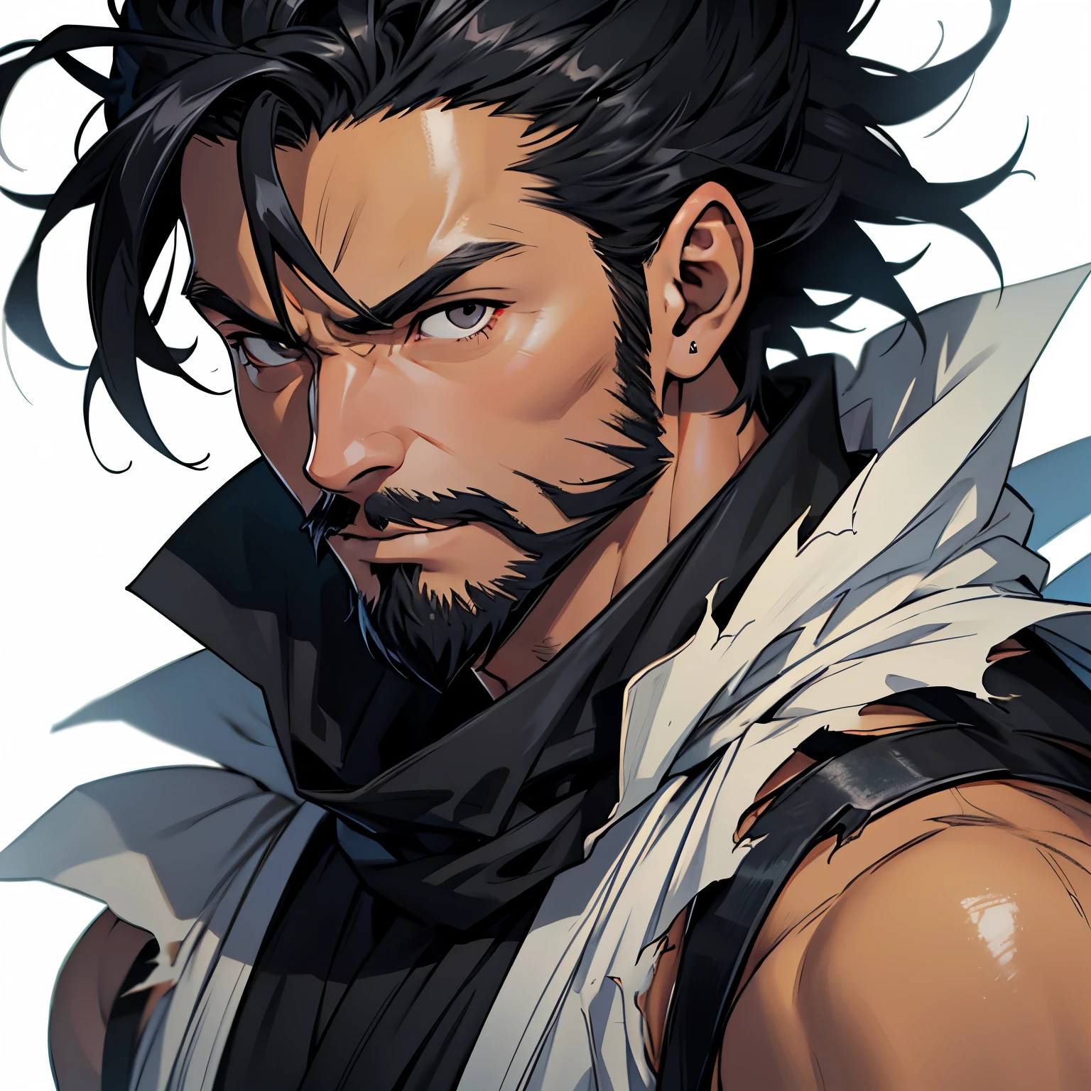 anime image of a middle-aged tanned man with black hair and black eyes, spiky hair, full beard, 1man, solo man, male anime character, head shot, close up shot, white background, torn ninja clothing, torn traditional japanese clothing, dark clothing, homeless ninja, muscular build, haunted past in the eyes