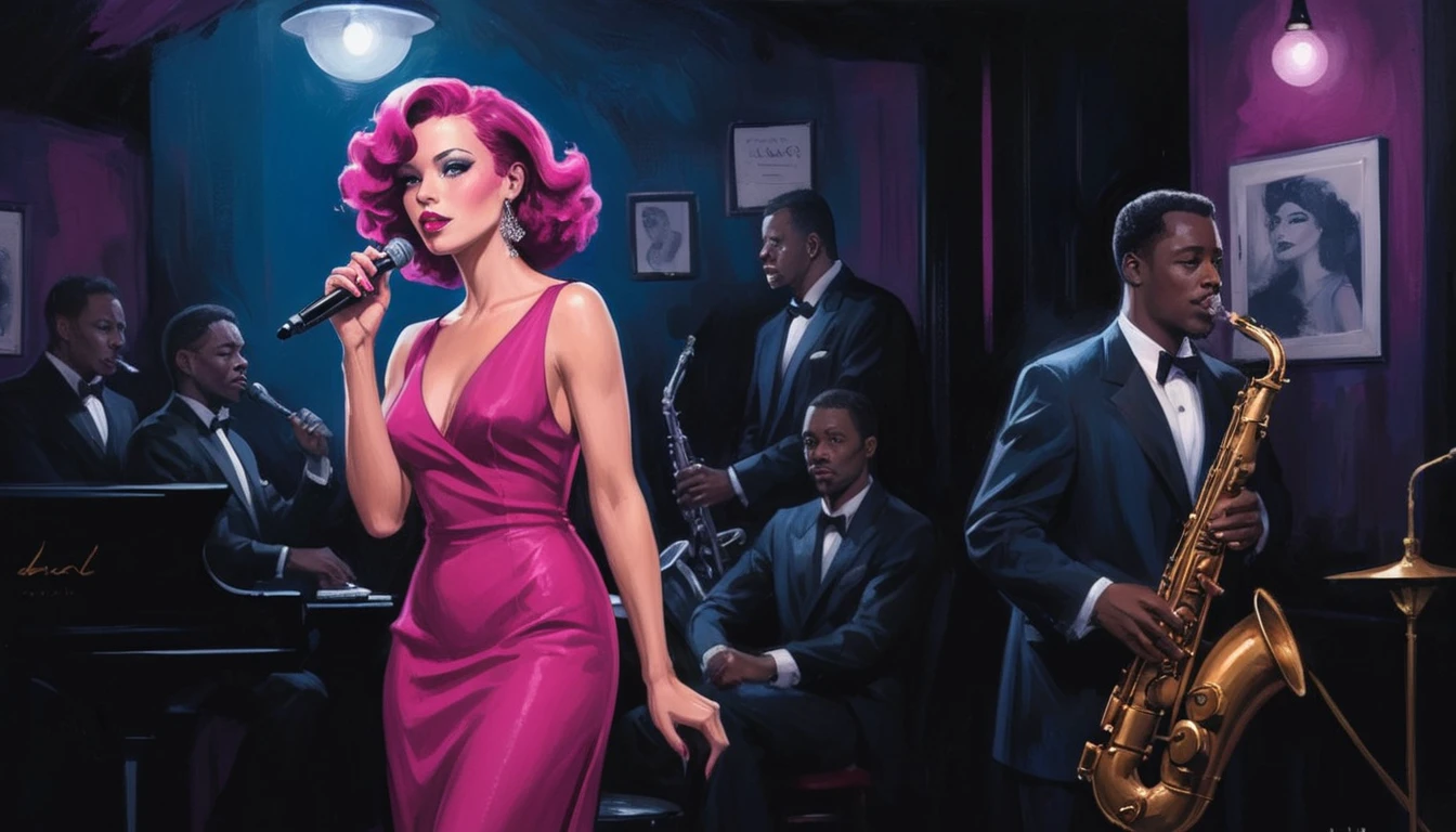 alabama bar, blue note, charismatic, baterist, guitarist, saxophonist, jazz band, fuchsia dress, illustration, noir fantasy, singer lady,