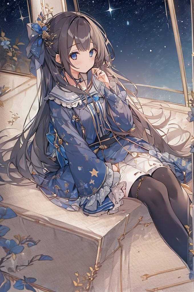 (Girl:1.4), alone, whole body, Sitting, Dynamic Angle, Flat Chest, frills, 3 years old, Long Hair, night, Starry Sky, dark, sleepy, I want to sleep, Covered breasts,shy, blush,大きなぬいぐるみを抱いているパジャマ姿のGirl,