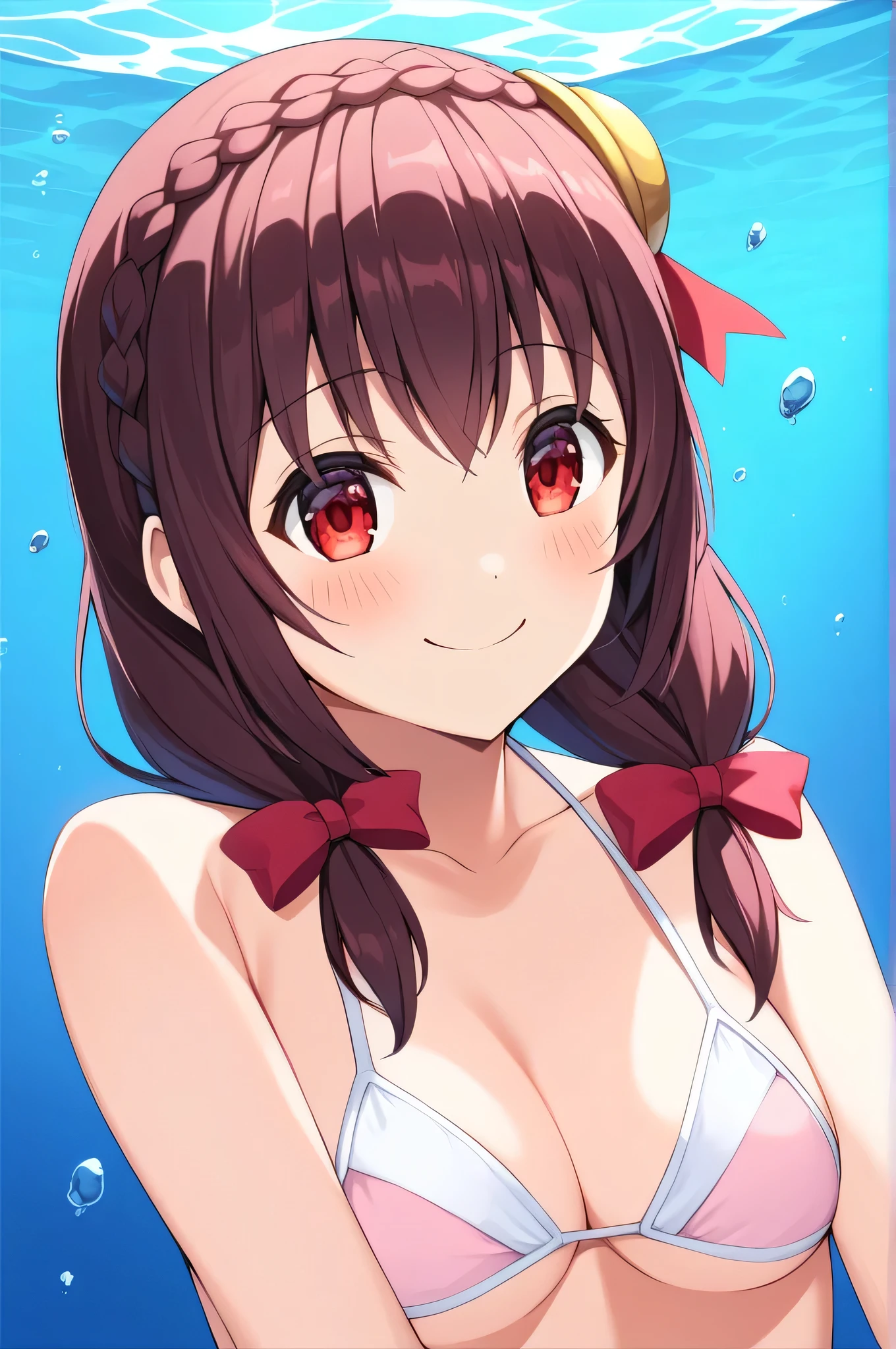 alone, One girl, Yunyun、blush 、View your viewers, Crown braids of the same color as your hair, Red Eyes、hair ornaments, Hair Ribbon, (White and pink bikini)、(smile:1.5)、(The entire screen is underwater)、smile