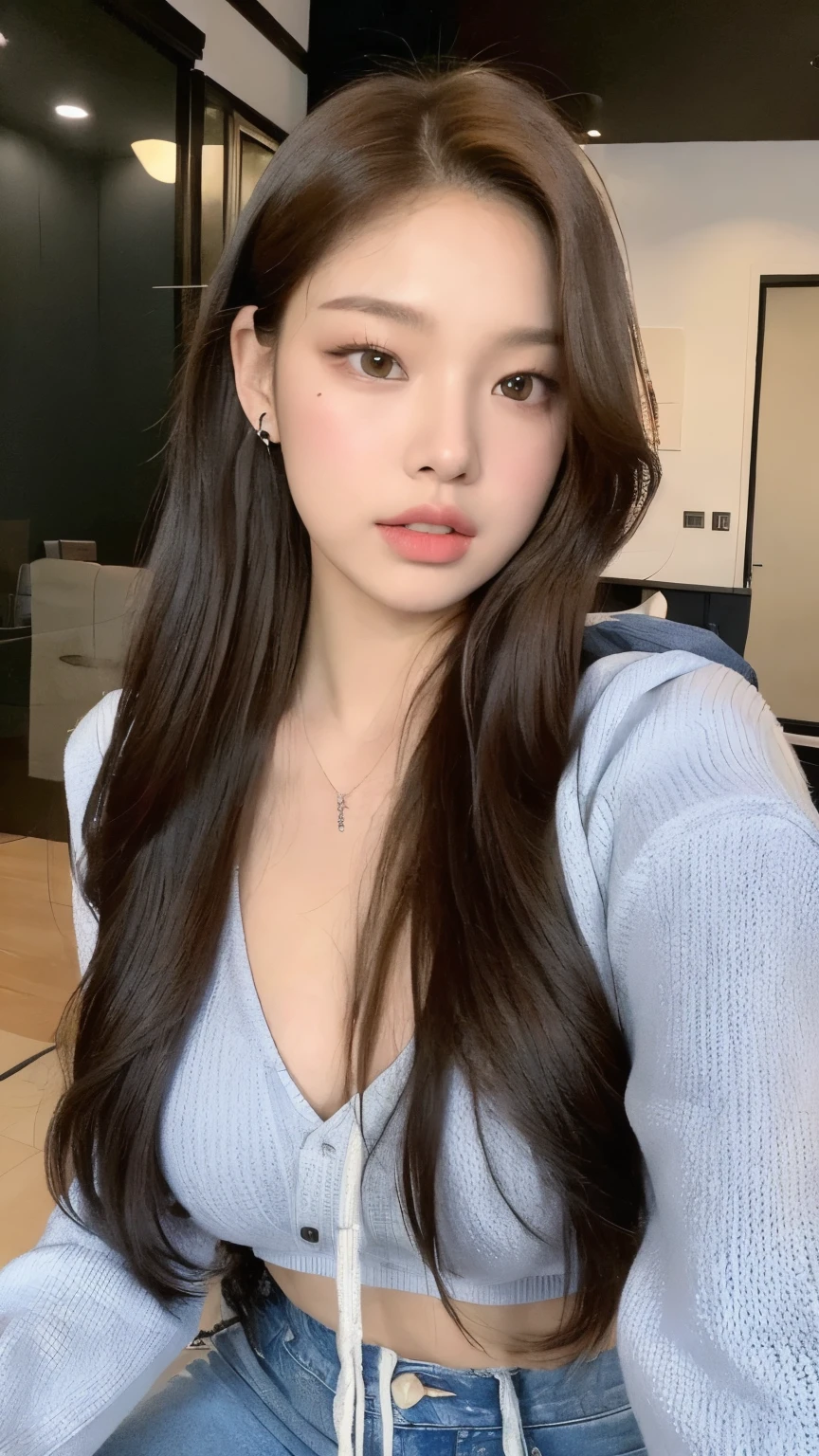 （lifelike， high - resolution：1.3）， 1 girl with a perfect body，Jennie Blackpink face, Super fine face and eyes，long hair，hoodies of random colors：1.2， short jeans， big boob，Expose cleavage