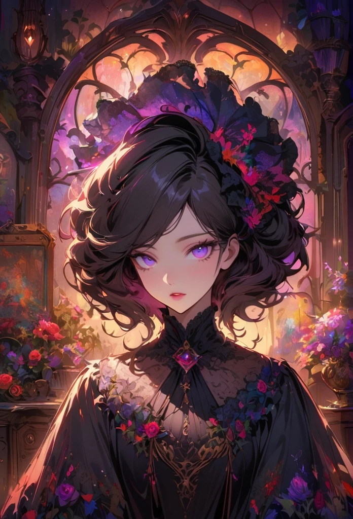 anime,beautiful detailed eyes,beautiful detailed lips,extremely detailed eyes and face,longeyelashes,colorful,vivid colors,portrait,landscape,horror,studio lighting,sharp focus,physically-based rendering,extreme detail description,professional,bokeh,HDR,UHD,ultra-fine painting,concept artists,gothic,Victorian-style bedroom,beautiful witch,dark atmosphere,vibrant colors,soft lighting,enchanted plants,flowing lavender,anime-style characters,mysterious shadows,exquisite details,vintage furniture,luxurious textures,eye-catching composition,romantic mood,rose,kissmark
