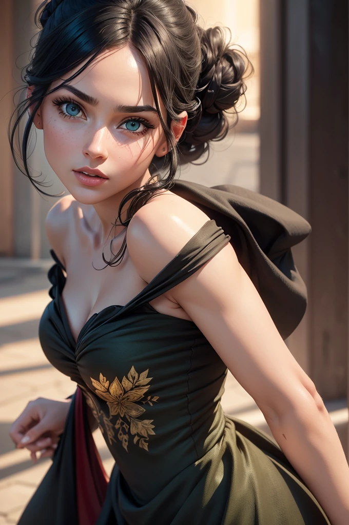 beautiful detailed eyes, beautiful detailed lips, extremely detailed eyes and face, long eyelashes, 1 girl, beautiful girl, green eyes, black hair, hair bun, strapless dress, midi dress, red scarf, (best quality,4k,8k,highres,masterpiece:1.2),ultra-detailed,(realistic,photorealistic,photo-realistic:1.37),portrait,vivid colors,studio lighting,sharp focus,physically-based rendering