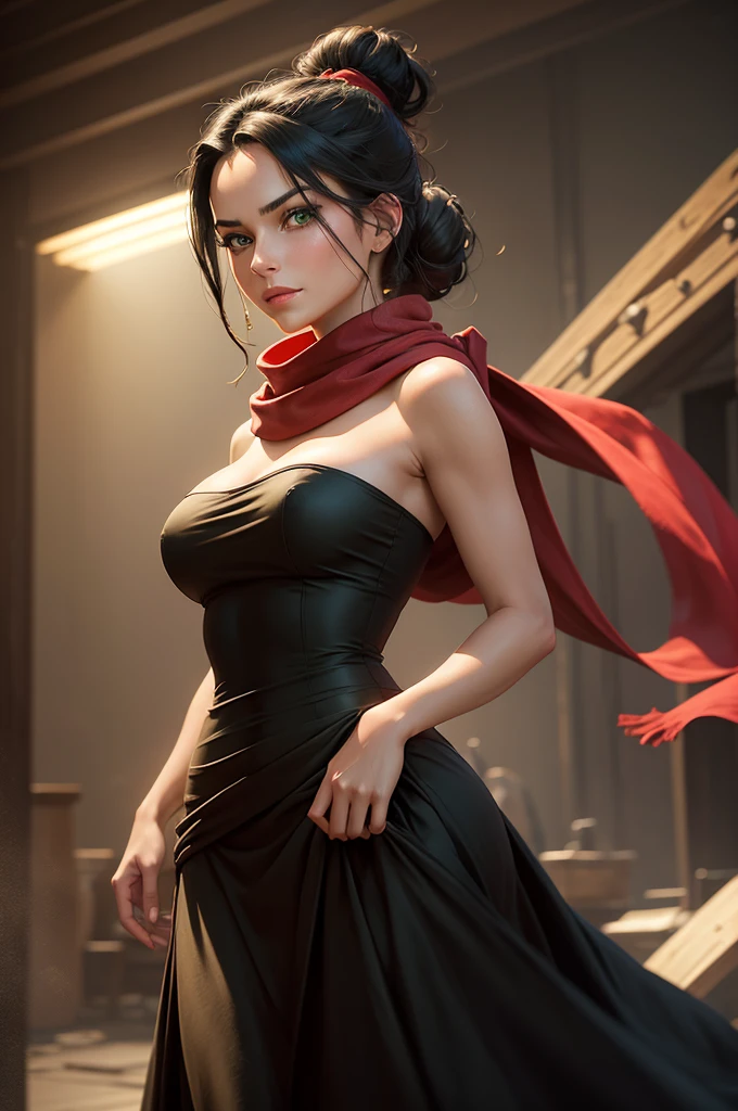 a beautiful woman with striking green eyes, long black hair tied in a bun, wearing a strapless midi dress, red scarf around her neck, serene expression, elegant pose, cinematic lighting, photorealistic, highly detailed, masterpiece, studio quality