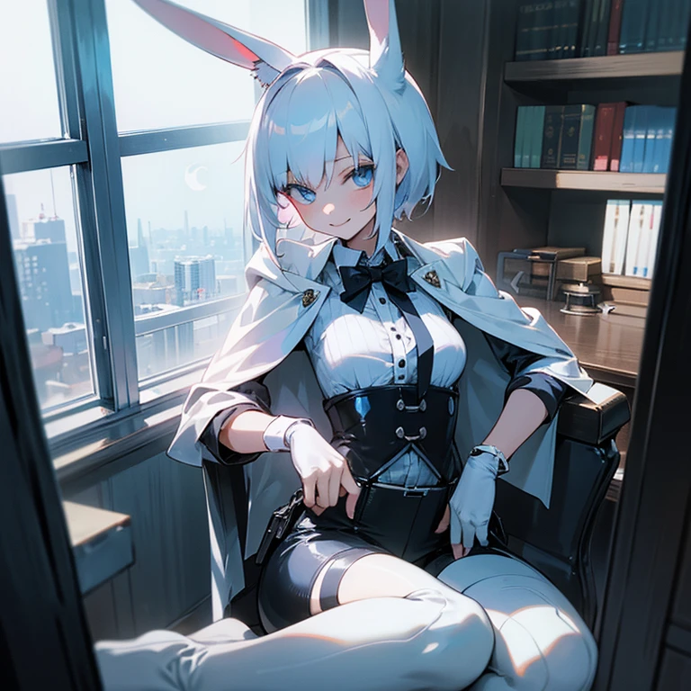White rabbit ears, White animal ears, a girl, female, woman, short cut, White hair, blue eyes, slender, cool smile, short pants, Solo, suspender, shirt, High heel, black globe, black, belt, waist pouch, half spats, cape, cyber punk,  
sitting, inside, in the room, with a bookshelf, with a chair, with a desk, with a window, with a crescent moon
