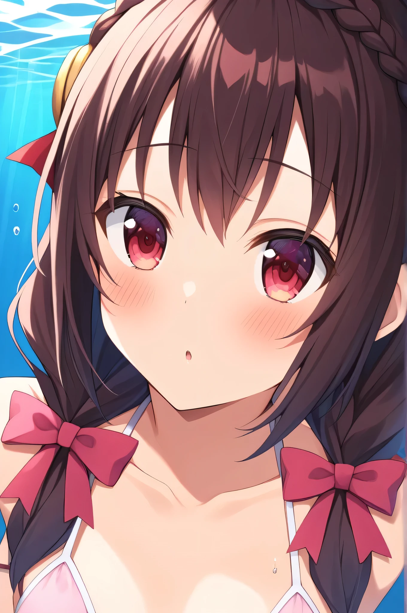 alone, One girl, Yunyun、blush 、Kiss the viewer, Crown braids of the same color as your hair, With both eyes closed、hair ornaments, Hair Ribbon, (White and pink bikini)、(The entire screen is underwater)