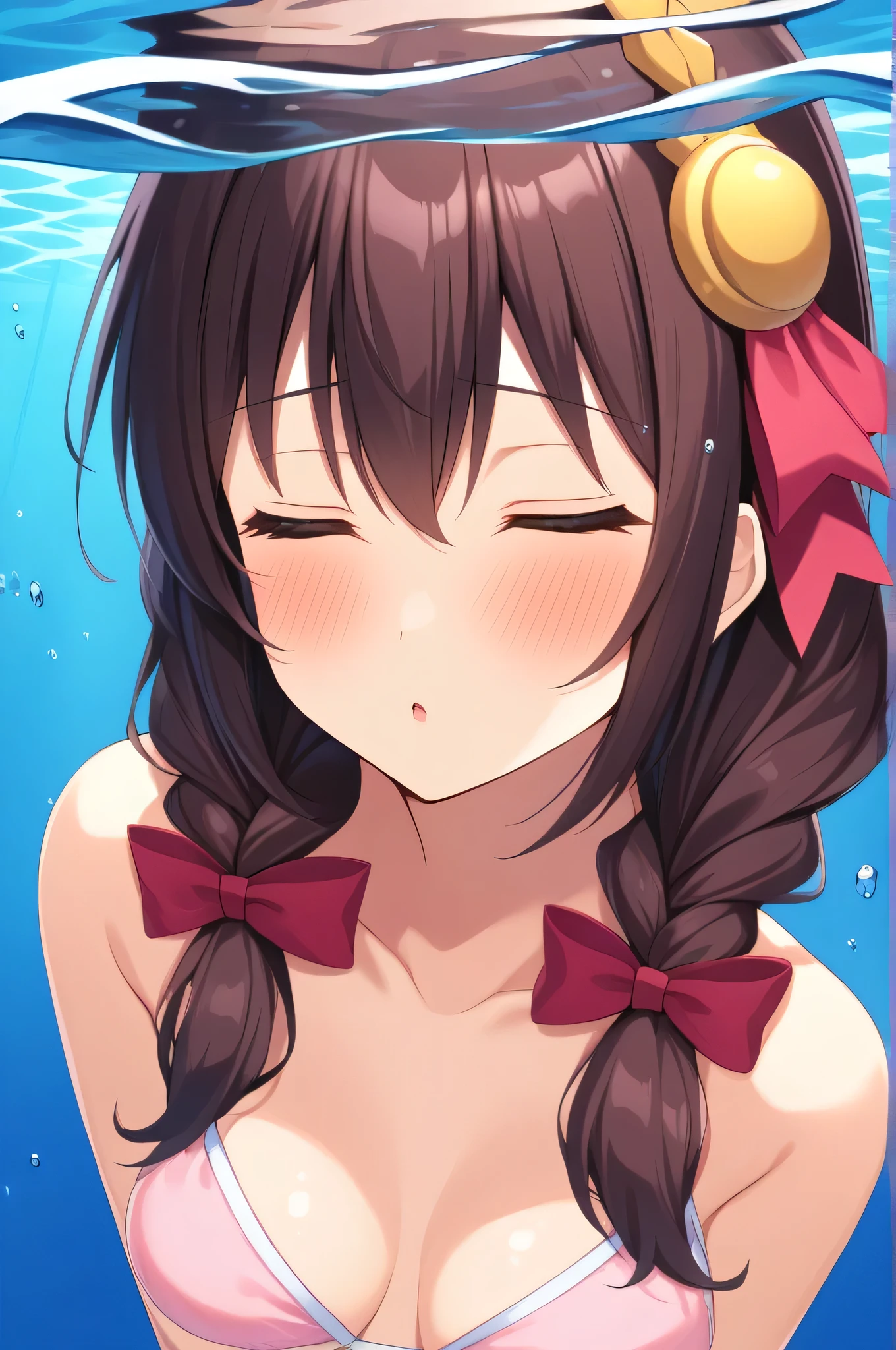 alone, One girl, Yunyun、blush 、Kiss the viewer, Crown braids of the same color as your hair, (Close your eyes)、hair ornaments, Hair Ribbon, (White and pink bikini)、(The entire screen is underwater)