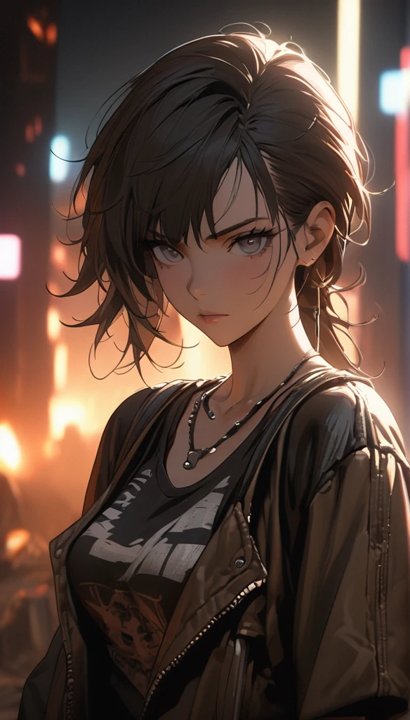 Portrait 1 Young Woman ,Science fiction, Complex background punk, Mad Max , Futuristic, Post-apocalyptic, dark, Dim Lights, ((masterpiece, best quality, )),
