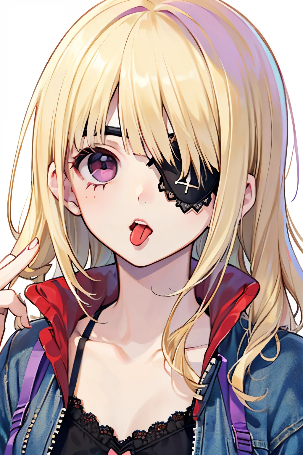 beautiful cute girl,((blonde hair:1.2)),(Medium wave hair:1.1),(purplered eyes:1.25),(black-lace eyepatch:1.3),(hand to own mouth:1.2),(camisole:1.25),(blouson jacket:1.25),(lace:1.2),close-up Face,(ニヒルな顔:1.25).