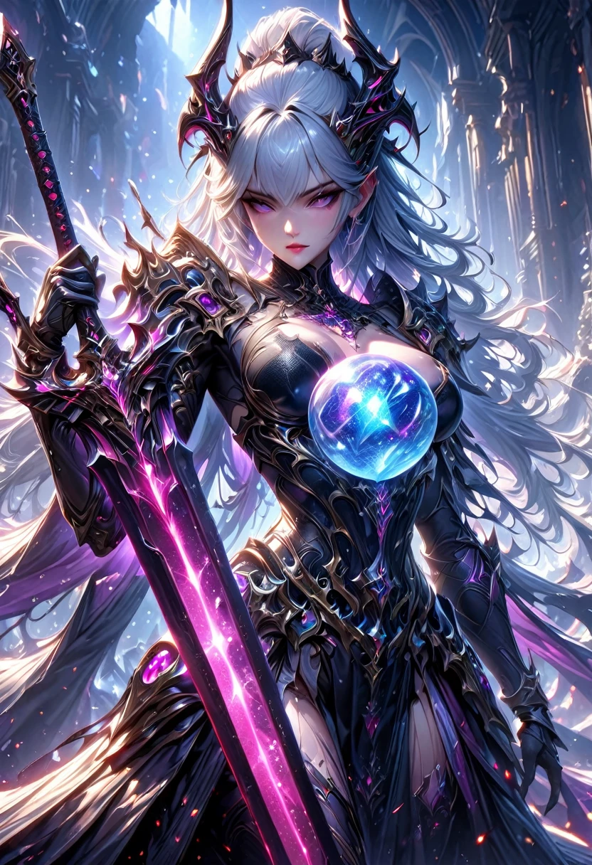 the holy sword Durandal, shatters the transparent crystal ball, erupting rainbow cosmic rays and sending the galaxy hurtling towards destruction, beautiful demon queen, cool and sadistic, amorous and lewd face, looking down with a cold gaze, background galaxy, (ultra detailed, absolutely resolution, best quality:1.3), 2.5D, delicate and dynamic, artistic photography, hyper realistic, graphic CG digital art