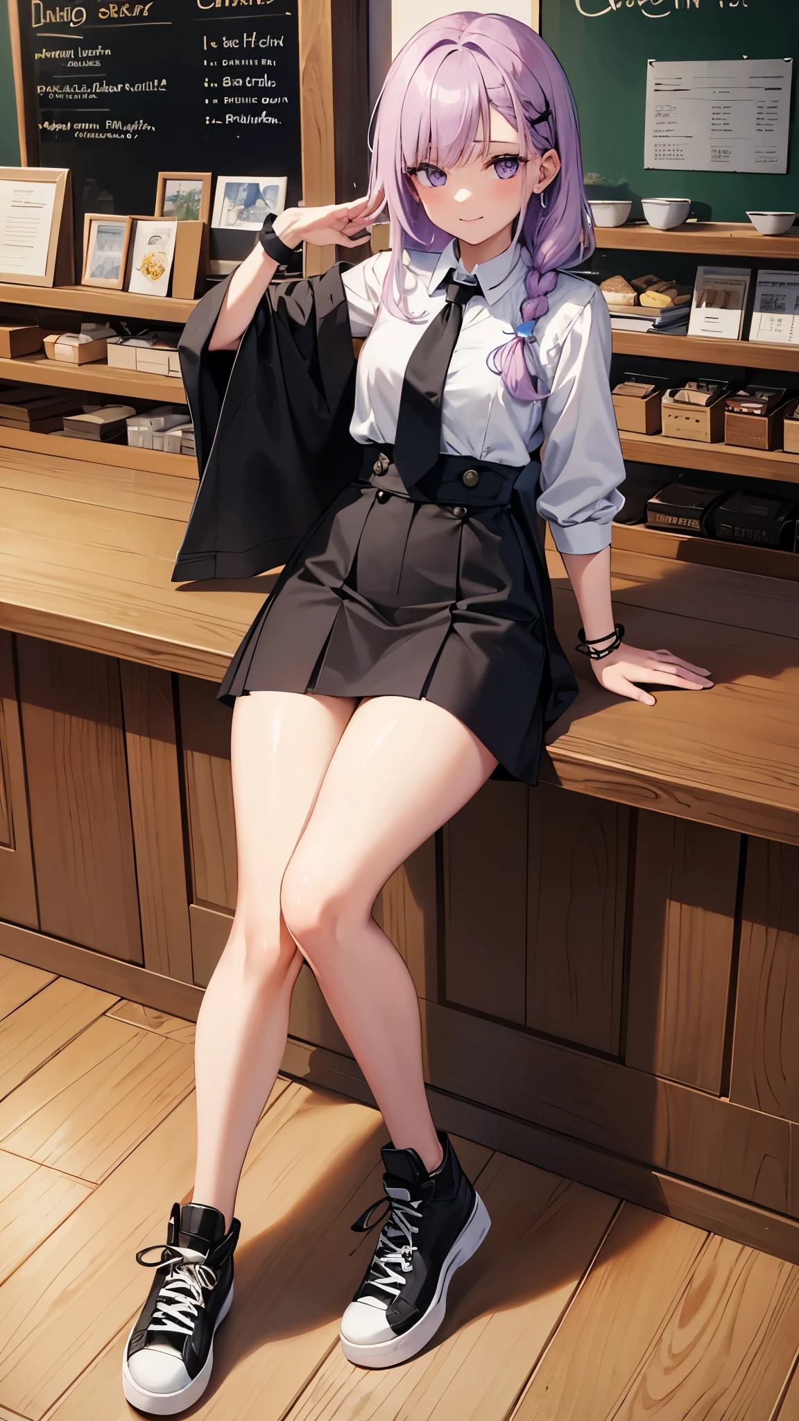 Hair Color is Light pastel purple.
Hair Style is Medium-length hair with loose waves, tied into a side braid on the right. Small, star-shaped hairpins near the fringe on the left side.
Eyes is Large, expressive eyes with deep purple irises.
Expression is A friendly, warm smile with a hint of playfulness. Blush on the cheeks, adding a cute and youthful appearance.
Other Features are Slightly pointed chin, smooth and flawless skin.
Top is White, short-sleeved crop top with a high collar and a black corset-style design around the waist.
Bottom is High-waisted, wide-leg cargo pants in a matching white color.
Accessories are Several silver bracelets on both wrists. A thin, black necktie that adds a casual yet stylish touch to the outfit.
Shoes is Chunky, white platform sneakers.
Scene is Inside a modern cafe with large glass windows showing a scenic view of a flower field and hills. The cafe has wooden floors, plants climbing the walls, and a blackboard menu near the entrance.
The character should appear friendly and approachable, with a sense of style that is modern and trendy.