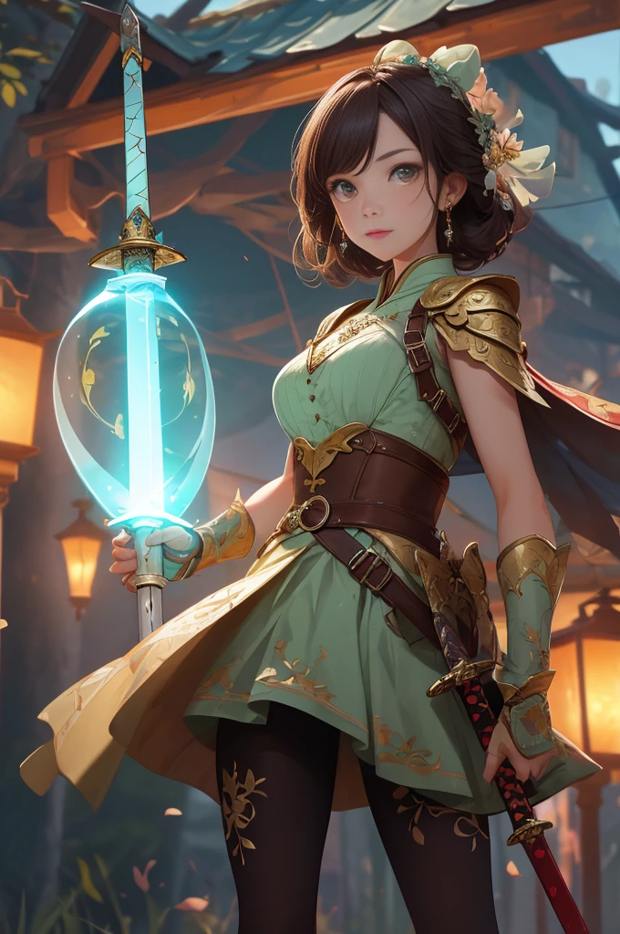 Masterpiece,Best quality,high resolution,1girll,sword,Glowing,lantern,Fighting,