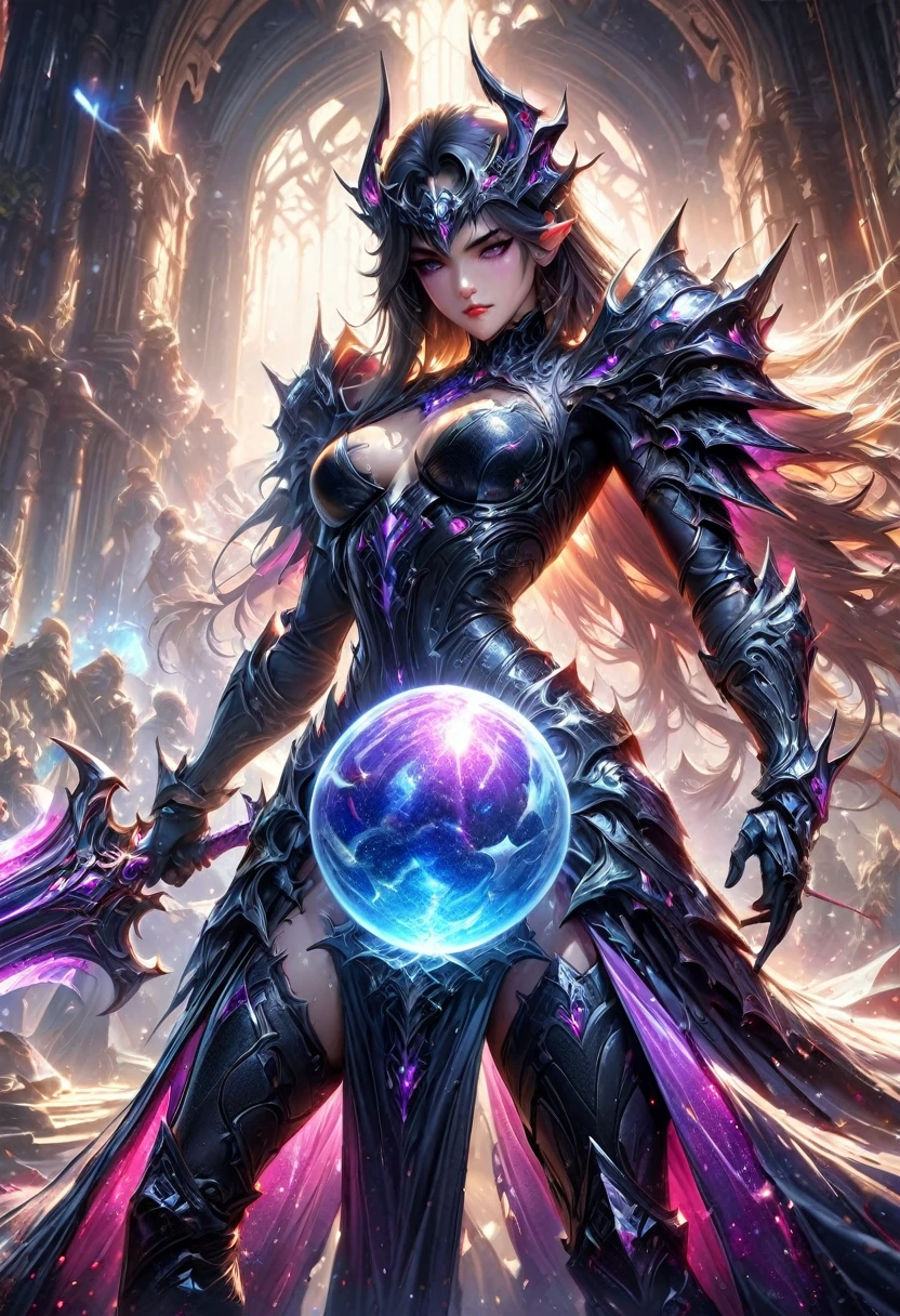 the holy sword Durandal, shatters the transparent crystal ball, erupting rainbow cosmic rays and sending the galaxy hurtling towards destruction, beautiful demon queen, cool and sadistic, amorous and lewd face, looking down with a cold gaze, background galaxy, (ultra detailed, absolutely resolution, best quality:1.3), 2.5D, delicate and dynamic, artistic photography, hyper realistic, graphic CG digital art