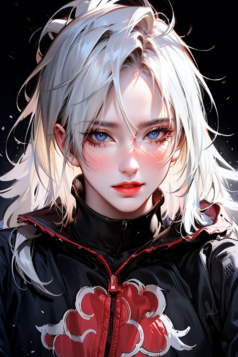masterpiece, best quality, ultra-high-detailed, white hair, light blue eyes, looking to viewer, black background, upper shoulder , manghwa style, age 25,