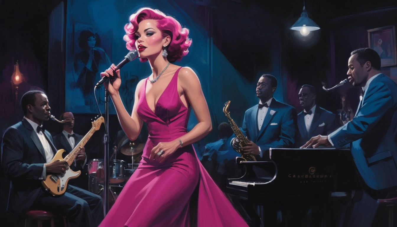 alabama bar, blue note, charismatic, baterist, guitarist, saxophonist, jazz band, fuchsia dress, illustration, noir fantasy, singer lady, 