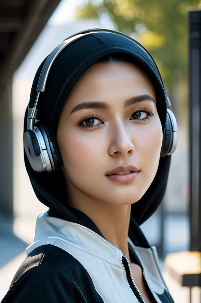 A beautiful Indonesian woman with a black sporty hijab and wearing a black sports jacket walking on a quiet street. smooth white skin, Gorgeous symmetrical face, gorgeous slim body, natural makeup, afternoon, and wearing headphones. Eye details, face details, hand details, finger details, ultra HD, 8k resolution. Symmetrical Composition, Portrait Viewpoint, Pensive Emotion, Soft Illumination Lighting, Photoreal Style, Octane Render, Photography Medium.