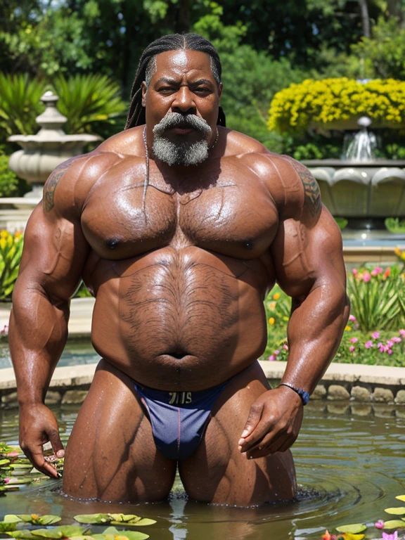 Hyperrealistic image of an African man, a superhero with his chest dripping cream, very old and very sweaty, very gray-haired bodybuilder with dreadlocks, over 80 years old, very muscular and fat, more than 200 kilos, with a naked torso, large, flaccid tattooed pectorals, huge, brown nipples gray mustaches wearing a red lace thong in a fountain full of water lilies