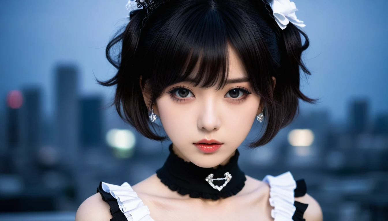 8k, Ultra-high resolution, Highest quality, masterpiece, 三分割法によるphotograph,Surreal, photograph, 1 Girl, (:1.3), pretty girl, Cute Face, Beautiful eyes in every detail, 細かくdetailedに,masterpiece,One Girl:1.2,Japanese female announcer,extream close up,Serious expression,Black short hair,Messy hair,Maid Android,((Fusion of Gothic Lolita and La fashion:1,bracelet, chest, choker, clavicle, Earrings,Futuristic cityscape ,Perfect and beautiful face ,完璧でCute Face, Skin with attention to detail, Perfect limbs、Narrow waist,Looking at the audience,(((Ideal body type))),Aカップの小さなchest :2,Portraiture:2,Perfect Anatomy,鮮明なdetailed,detailed,Surreal,Light and shadow,spotlight