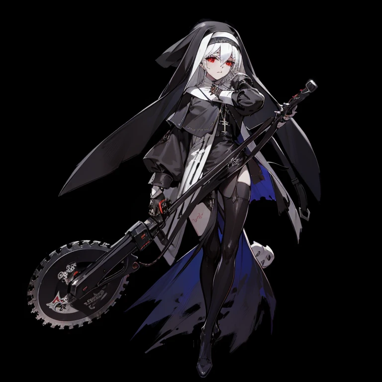 k hd,tmasterpiece,Illustration style,A nun,With a chainsaw in his hand,red pupils,Sick,Morbid eyes,Crazy eyes,White skin,Black nun hat,White hair pressed into the hood,shawl,Black and white nun dress,,Leather underwear,Leather pantyhose,leather stockings,