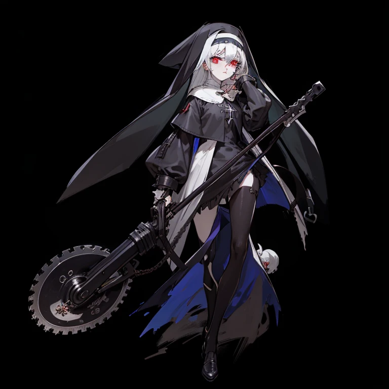 k hd,tmasterpiece,Illustration style,A nun,With a chainsaw in his hand,red pupils,Sick,Morbid eyes,Crazy eyes,White skin,Black nun hat,White hair pressed into the hood,shawl,Black and white nun dress,,Leather underwear,Leather pantyhose,leather stockings,