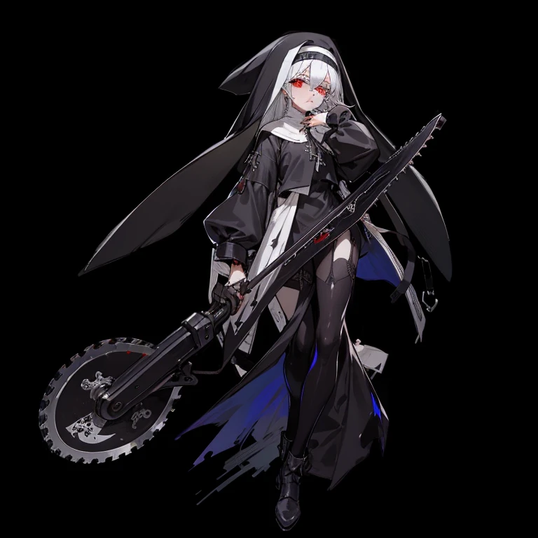 k hd，tmasterpiece，Illustration style，A nun，With a chainsaw in his hand，red pupils，Sick，Morbid eyes，Crazy eyes，White skin，Black nun hat，White hair pressed into the hood，shawl，Black and white nun dress，，Leather underwear，Leather pantyhose，leather stockings，