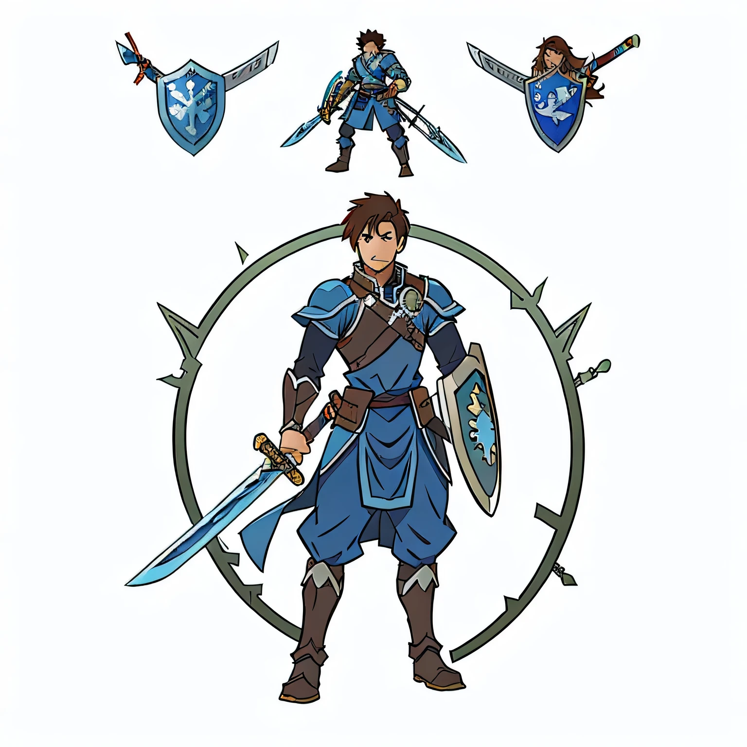 anime characters, Hero 2d fan art, JRPG characters, Masterpiece, High quality, Vector, fictional imagination, warrior, big armor, Fighting posture,holding a sword, holding a large shield, blue dress,brown hair,man,There are details., Sharp picture,(Great Sword,Shield facing straight), Direct view