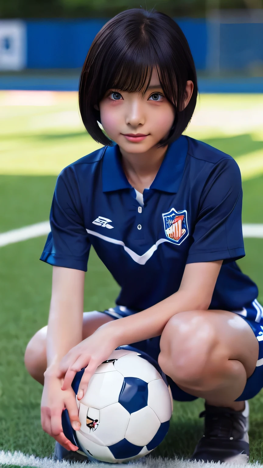 Highest quality、Realistic、woman、zoom、Orange eyes、Very short black hair、Blue Football Uniform、Small breasts、Sunburn。Dark Skin、、Soccer Field