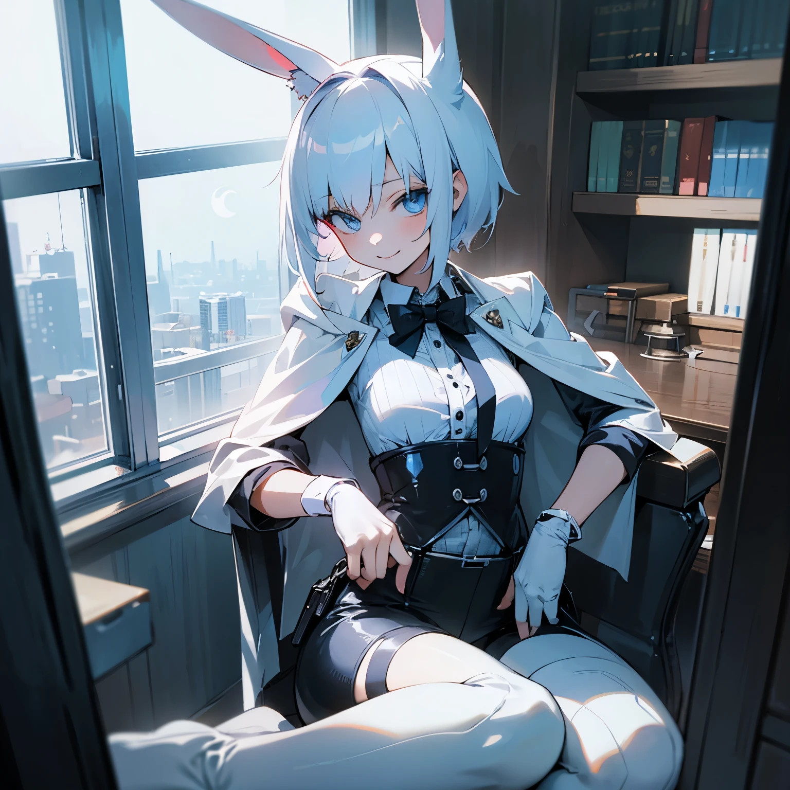 White rabbit ears, White animal ears, a girl, female, woman, short cut, White hair, blue eyes, slender, cool smile, short pants, Solo, suspender, shirt, High heel, black globe, black, belt, waist pouch, half spats, cape, cyber punk,
sitting, inside, in the room, with a bookshelf, with a chair, with a desk, with a window, with a crescent moon