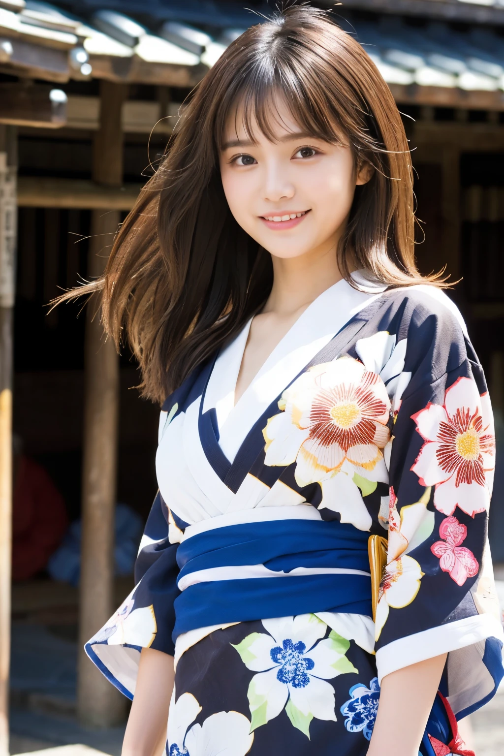 Highest quality、超A high resolution、(Photorealistic:1.5)、1 girl、(Brown Hair:1.2)、(Big Breasts:1.2)、Whole Body Ezbian、smile、Bad Eyes、(Girl in yukata with hair swaying in the wind :1.3)、Perfect dynamic composition, Beautiful attention to detail, Medium Hair, Natural color lip, smile, Kyoto Street Walk、20-year-old girl, Beautiful woman, Japanese patterned yukata