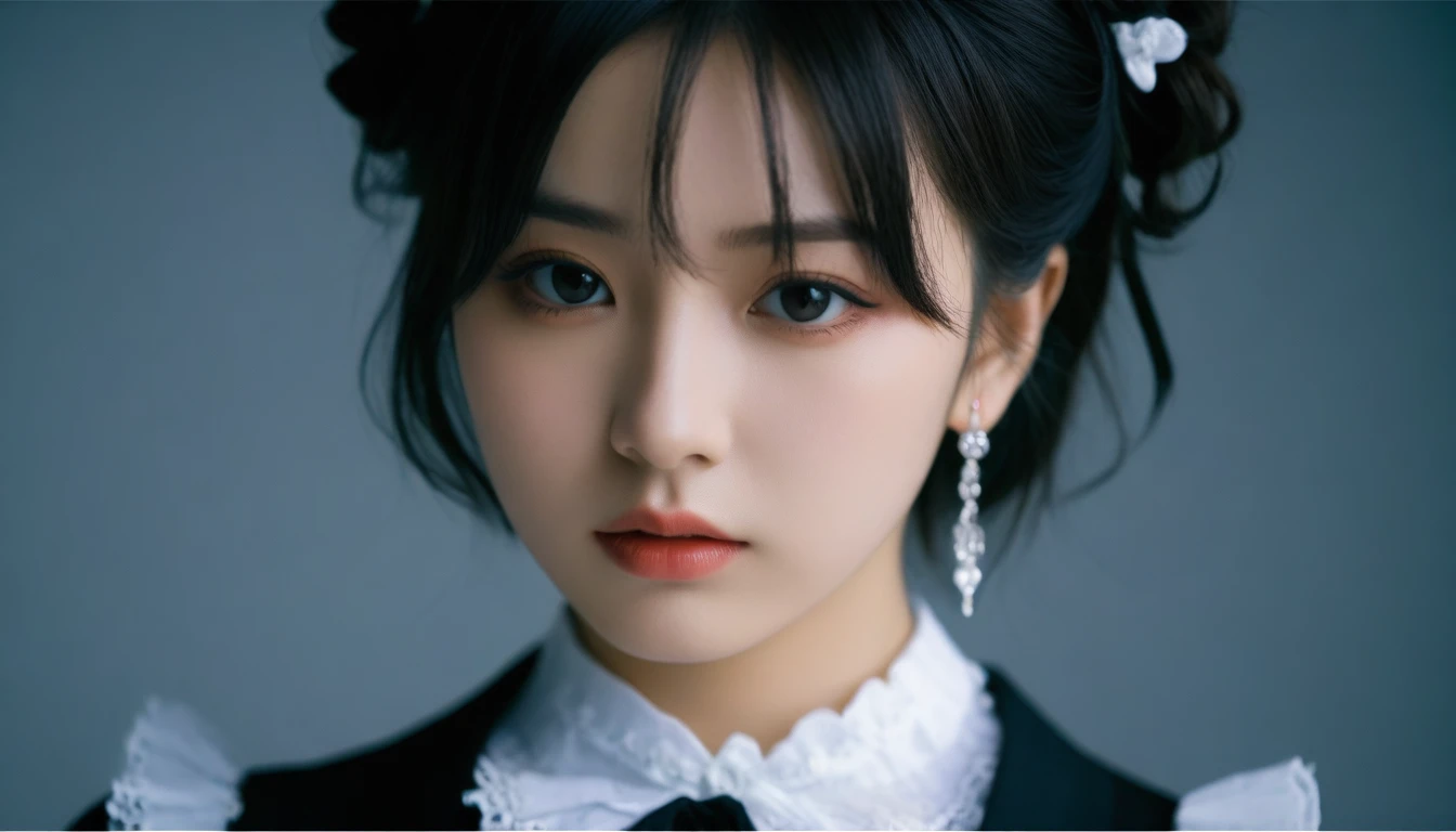 8k, Ultra-high resolution, Highest quality, masterpiece, 三分割法によるphotograph,Surreal, photograph, 1 Girl, (16 years old:1.3), pretty girl, Cute Face, Beautiful eyes in every detail, 細かくdetailedに,masterpiece,One Girl:1.2,Japanese female announcer,extream close up,Serious expression,Black short hair,Messy hair,Maid Android,((Fusion of Gothic Lolita and Lolita fashion:1.3)),bracelet, chest, choker, clavicle, Earrings,Futuristic cityscape ,Perfect and beautiful face ,完璧でCute Face, Skin with attention to detail, Perfect limbs、Narrow waist,Looking at the audience,(((Ideal body type))),Aカップの小さなchest :2,Portraiture:2,Perfect Anatomy,鮮明なdetailed,detailed,Surreal,Light and shadow,spotlight
