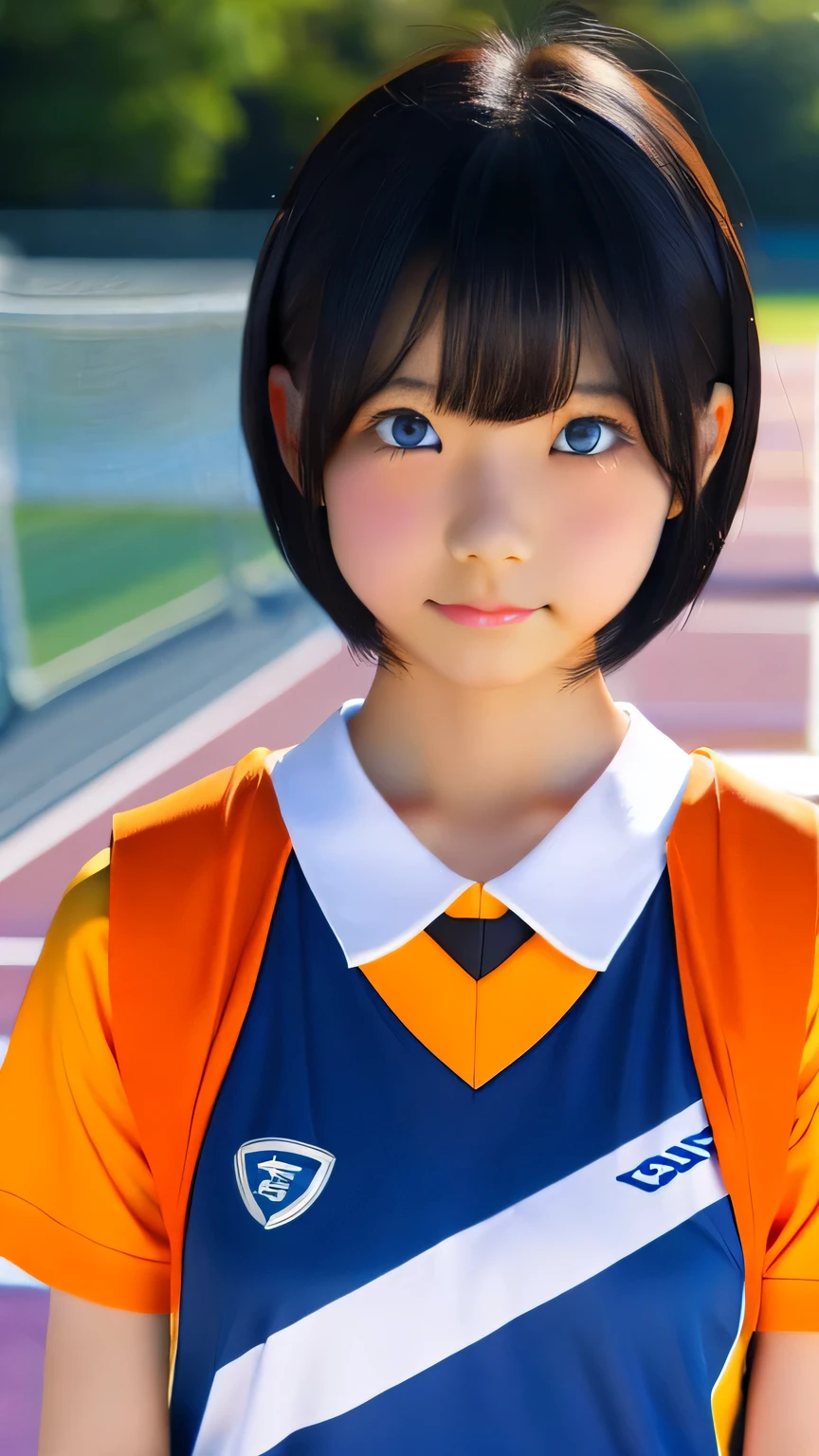 Highest quality、Realistic、woman、zoom、Orange eyes、Very short black hair、Blue Football Uniform、Small breasts、Sunburn。Dark Skin、、Soccer Field