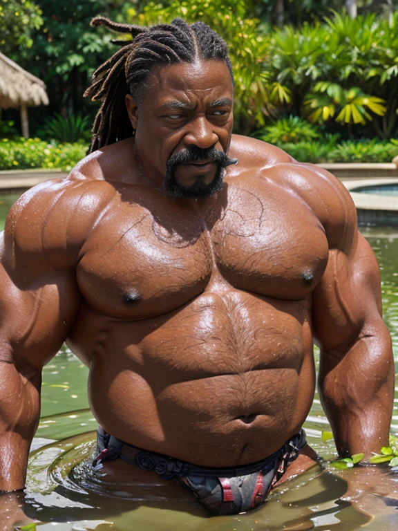 Hyperrealistic image of an African man, a superhero with his chest dripping cream, very old and very sweaty, very gray-haired bodybuilder with dreadlocks, over 80 years old, very muscular and fat, more than 200 kilos, with a naked torso, large, flaccid tattooed pectorals, huge, brown nipples gray mustaches wearing a red lace thong in a fountain full of water lilies