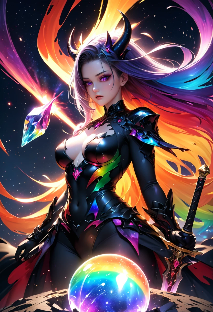 the holy sword Durandal, shatters the transparent crystal ball, erupting rainbow cosmic rays and sending the galaxy hurtling towards destruction, beautiful demon queen, cool and sadistic, amorous and lewd face, looking down with a cold gaze, background galaxy, (ultra detailed, absolutely resolution, best quality:1.3), 2.5D, delicate and dynamic, artistic photography, hyper realistic, graphic CG digital art