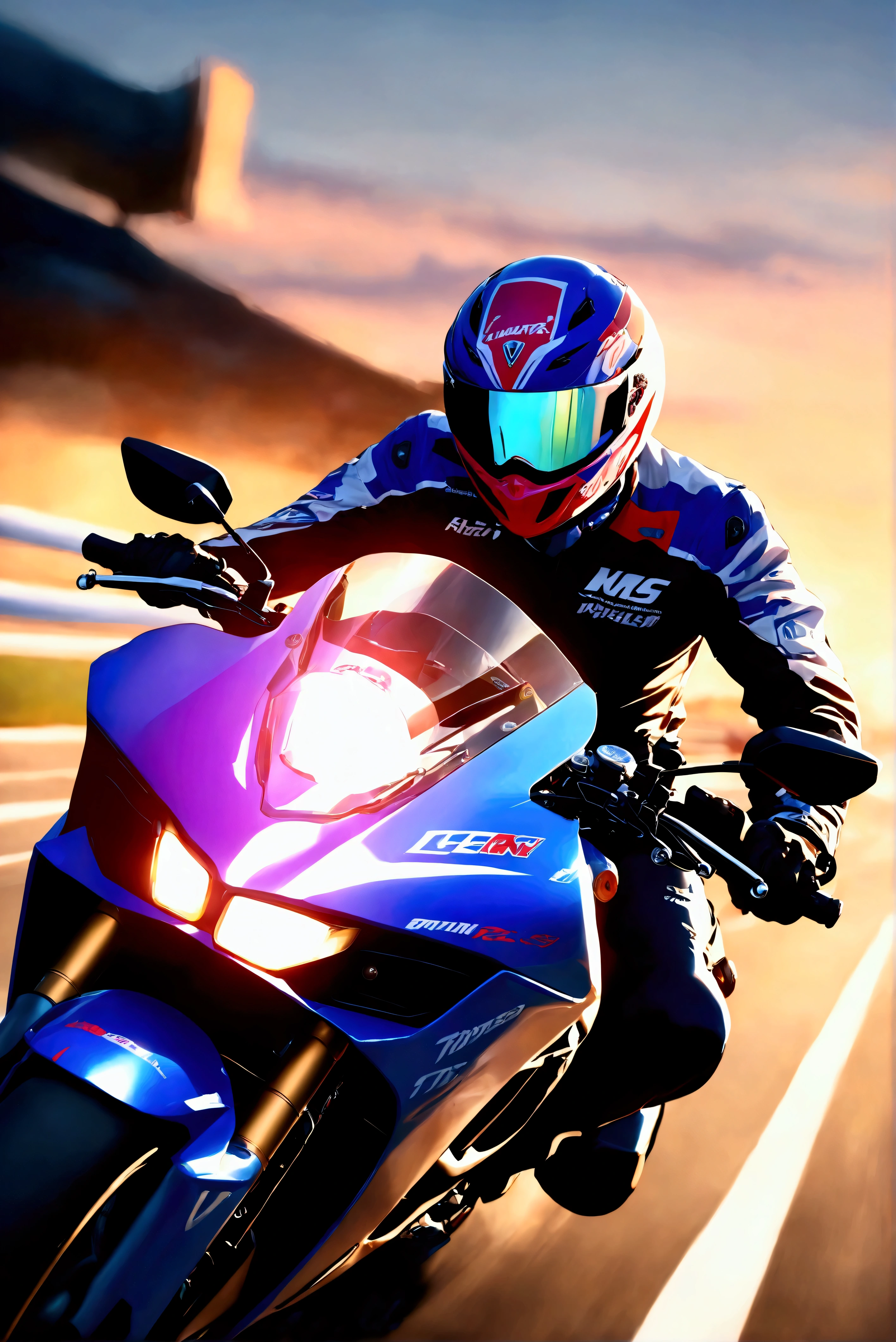 The image features a motorcyclist in full gear, riding a sport motorcycle. The rider is equipped with a helmet that has a reflective visor, suggesting the need for protection and visibility. The motorcycle is predominantly blue with red accents and branding, indicating a possible sponsorship or team affiliation. The background suggests motion and speed, with a blurred landscape that implies high velocity. The lighting conditions suggest either early morning or late afternoon, which are often preferred times for such sports due to cooler temperatures and softer light. There's no indication of gender or race as the focus is on the action and equipment.