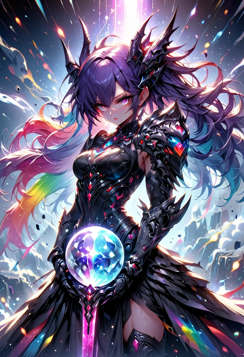 the holy sword Durandal, shatters the transparent crystal ball, erupting rainbow cosmic rays and sending the galaxy hurtling towards destruction, beautiful demon queen, cool and sadistic, amorous and lewd face, looking down with a cold gaze, background galaxy, (ultra detailed, absolutely resolution, best quality:1.3), 2.5D, delicate and dynamic, artistic photography, hyper realistic, graphic CG digital art