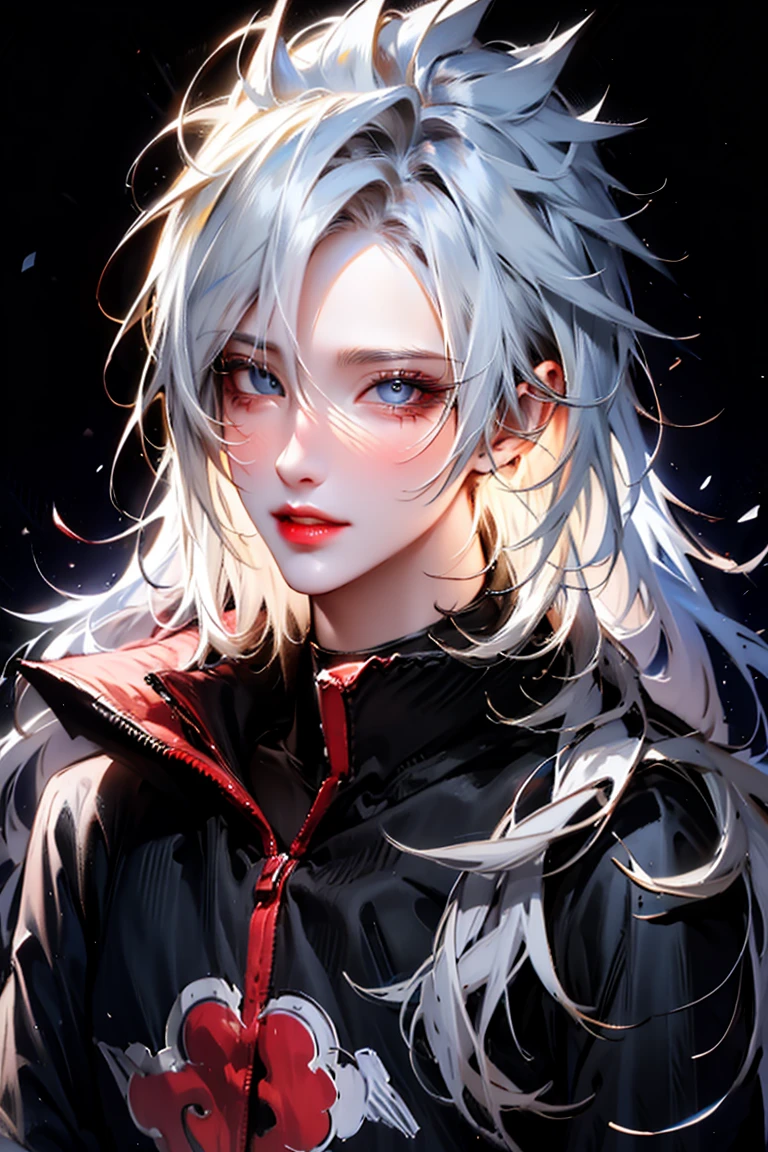masterpiece, best quality, ultra-high-detailed, white hair, light blue eyes, looking to viewer, black background, upper shoulder , manghwa style, age 17,